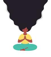 Black woman meditating in lotus pose. Healthy lifestyle, yoga, relax, breathing exercise vector