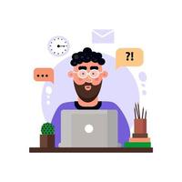 Customer service, operator man sitting at table with a laptop.  Flat style vector