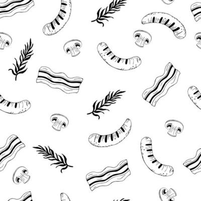 Barbecue seamless vector pattern. Meat products, bacon and sausages. Mushrooms and rosemary. Black silhouettes, doodle.