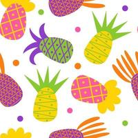 Seamless vector pattern with pineapples. Bright tropical fruits with ornaments on a white background. Flat cartoon style