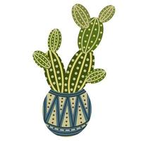 Vector icon of a cactus in a pot. Isolated image of an indoor flower on a white background. Green cactus with thorns in a ceramic pot. Opuntia, simple flat illustration