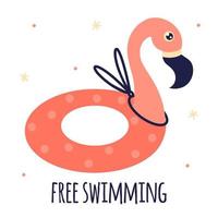 Flamingo rubber swimming tube. Bright inflatable ring for relaxing on the beach, holiday, vacation. Plastic pink bird with polka dots, flat cartoon style. Vector icon isolated on white, hand drawn