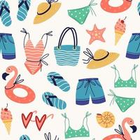 Beach vacation clothes and accessories seamless vector pattern. Sea holiday attributes - swimsuit, swimming trunks, flip flops, bag, straw hat, rubber ring, shells. Flat cartoon style, hand drawn