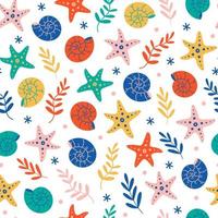 Sea animals seamless vector pattern. Bright nautilus shells, starfish, colorful algae on the seabed. Cute underwater clams, flat cartoon style. Summer ocean background for decoration, design