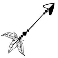 Vector illustration of an arrow. Arrow icon with feathers and decorative elements. Hand drawn bow arrow, boho style. Doodle, black outline