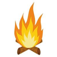Vector illustration of a burning campfire. Fire on wooden logs. The isolated object on a white background. Flat cartoon style