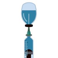 Vector illustration of a syringe for immunization and a vial with a vaccine. Isolated icon of a medical syringe filled with serum from a virus. Simple flat illustration