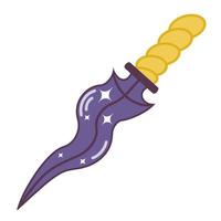 Ritual witch dagger. Magic blade vector illustration. Isolated icon on white background. Purple knife with yellow handle, flat style