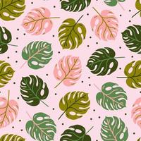 Monstera Deliciosa leaf seamless vector pattern. Bright tropical plant with veins. Flat cartoon backdrop, simple illustration on white background. Colorful botanical elements, polka dots