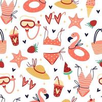Beach holiday clothes and accessories seamless vector pattern. Attributes of summer vacation female - swimsuit, hat, diving mask, flamingo rubber ring, ice cream. Flat cartoon style