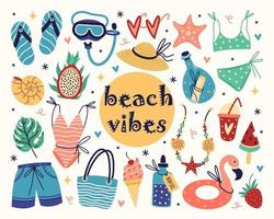 Beach vacation accessories vector icons set. Flat cartoon sea holiday elements - swimsuit, diving mask, rubber ring, ice cream, sunglasses, straw hat, seashells. Collection of summer clipart