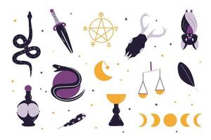 conjunto de elementos de brujería. colección dibujada a mano en un estilo moderno y limpio. ilustraciones de temática wiccan, misticismo, espiritismo. Volúmen 1
