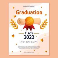 Graduation  poster invitation with diploma script and golden medal, stars and branches. Vector layout template. Degree ceremony invite. Student flyer design.