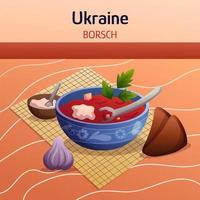 Ukrainian ethnic cuisine composition with borsch, bowl of sour cream, brown rye bread and garlic. Concept flat hand drawn vector illustration. Food dishes art.