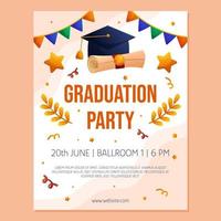 Graduation party poster invitation with cap, diploma script, garland and stars. Vector layout template. Degree ceremony invite. Student flyer design.