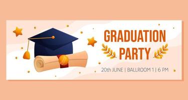 Graduation party horizontal banner with cap with tassels and scrip. Vector layout template. Degree ceremony invite. Student greeting design.