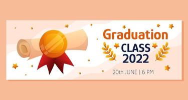 Graduation horizontal banner with script. red ribbon and golden medal. Vector layout template. Degree ceremony invite. Student greeting design.