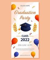 Graduation party vertical banner with ballons, cap and gloden branches. Vector layout invitation template. Degree ceremony invite. Student greeting design.
