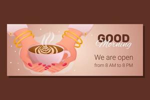 Hands of a young woman with white sleeves, gold bracelets, and pink manicure on her nails hold cup of coffee with Good Morning phrase. Closeup view illustration. Coffee shop banner design. vector