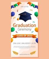 banner vertical de ceremonia de graduación con gorra, globo y guirnaldas. plantilla de invitación de diseño vectorial. invitación a la ceremonia de graduación. diseño de saludo de estudiante. vector