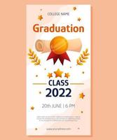 Graduation vertical banner with script, red ribbon and golden medal. Vector layout invitation template. Degree ceremony invite. Student greeting design.