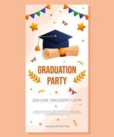 Graduation party vertical banner with garland, script and cap. Vector layout invitation template. Degree ceremony invite. Student greeting design.