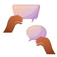 Two Hands hold two different shaped speech bubble for concept design. Cartoon vector isolated illustration. Message balloon with empty copy space.