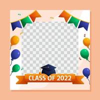 Graduation square social media template with empty space for student photo. Vector layout greeting design with cap, ribbon, colorful garlands and balloons.