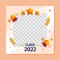 Graduation square social media template with empty space for student photo. Vector layout greeting design with golden stars, scrips with medal and branches.