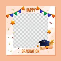 Graduation square social media template with empty space for student photo. Vector layout greeting design with Happy Graduation phrase, cap and scrip, colorful garlands.