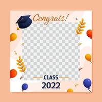 Graduation square social media template with empty space for student photo. Vector layout greeting design with cap, golden branches and balloons.