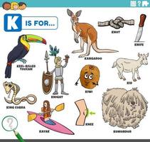 letra k palabras conjunto educativo con personajes de dibujos animados vector