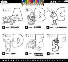 Conjunto de letras del alfabeto de dibujos animados educativos de la a a la f página del libro de color vector