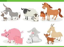 personajes cómicos de animales de granja de dibujos animados con bebés vector