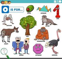 letter o words educational set with cartoon characters vector