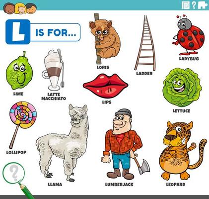letter l words educational set with cartoon characters 7456173 Vector Art  at Vecteezy