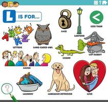 letter l words educational set with cartoon characters vector