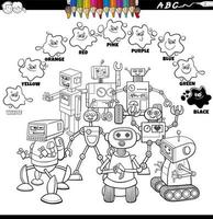 libro de colores de colores básicos con un grupo de robots de dibujos animados vector
