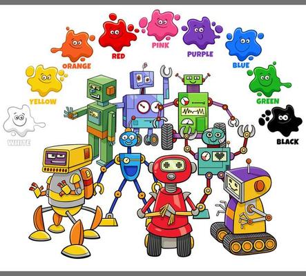 basic colors for children with group of colorful robots