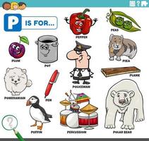 conjunto educativo de palabras de letra p con personajes de dibujos animados vector