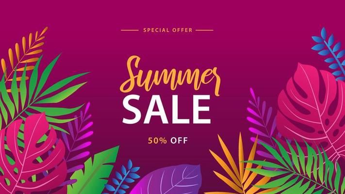 Summer sale banner with leafs on a magenta beckground. Banner for promotion, magazine, advertising.