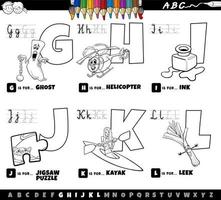 Letras del alfabeto de dibujos animados educativos establecidos de la g a la l página del libro de color vector