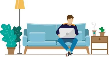 Man working from home sitting on a sofa, student or freelancer. Home office concept. Vector flat illustration in cute style