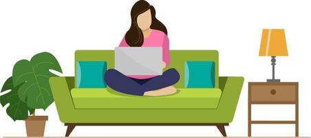 Girl on the couch with a laptop. Freelance or studying concept. Vector flat illustration in cute style.