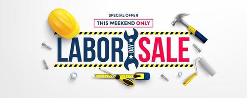 Labor Day poster template.USA Labor Day celebration with yellow safety hard hat and construction tools.Sale promotion advertising Poster or Banner for Labor Day vector