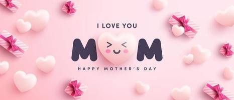 Mother's Day Poster or banner with sweet hearts and gift box on pink background.Promotion and shopping template or background for Love and Mother's day concept.Vector illustration eps 10 vector