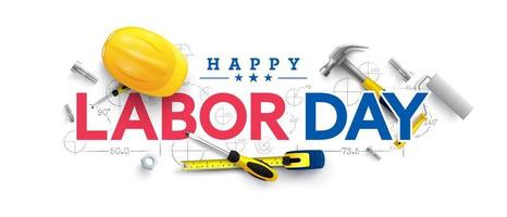 Labor Day poster template.USA Labor Day celebration with Yellow safety hard hat and construction tools.Sale promotion advertising Poster or Banner for Labor Day vector