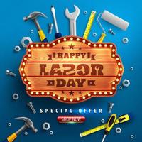 Happy Labor Day poster.labor day celebration with Wood boards signs,Hammer,Screws, nuts and other tools.Sale promotion advertising Brochures,Poster or Banner for American Labor Day vector