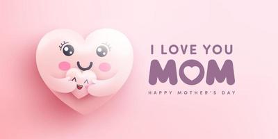 Mother's Day banner with Moter heart emoji hugging baby heart on pink background.Promotion and shopping template or background for Love and Mother's day concept.Vector illustration eps 10