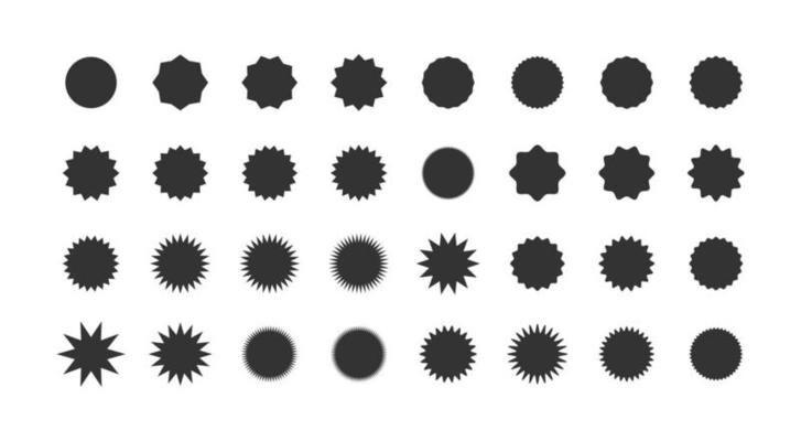 Collection of black price tag sunburst badges and labels